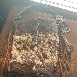 Cow Couture Brown and Tan Leather Fringe Shoulder Bag
